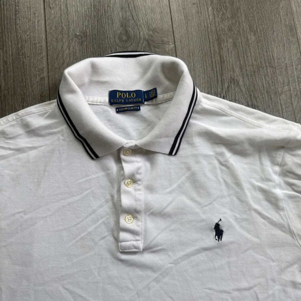 Polo Ralph Lauren Mens L Custom Slim Fit White Polo Navy Trim Pony Tipped Collar